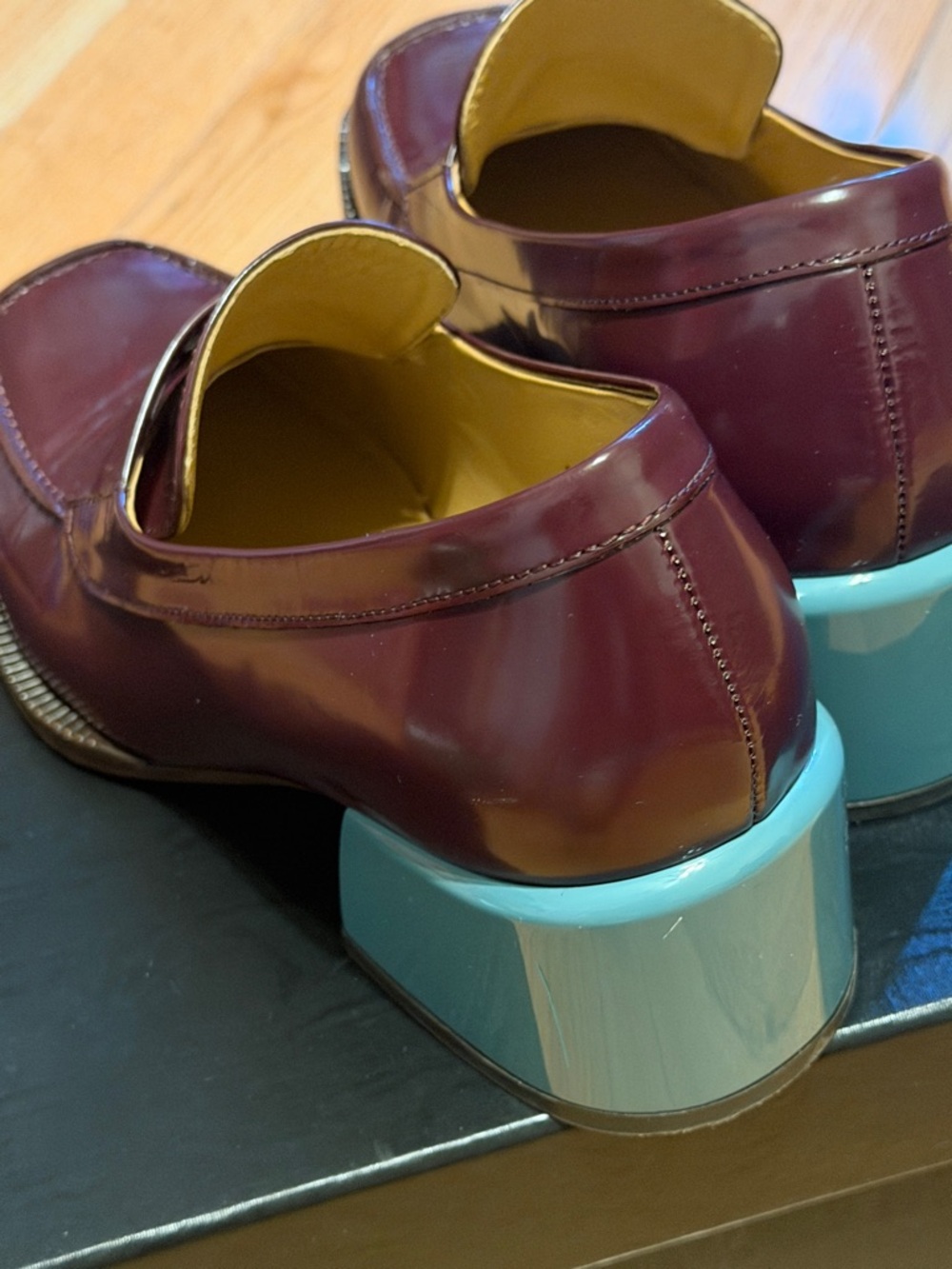 Dries Van Noten Burgundy and Light Blue Patent Leather Loafers limited edition